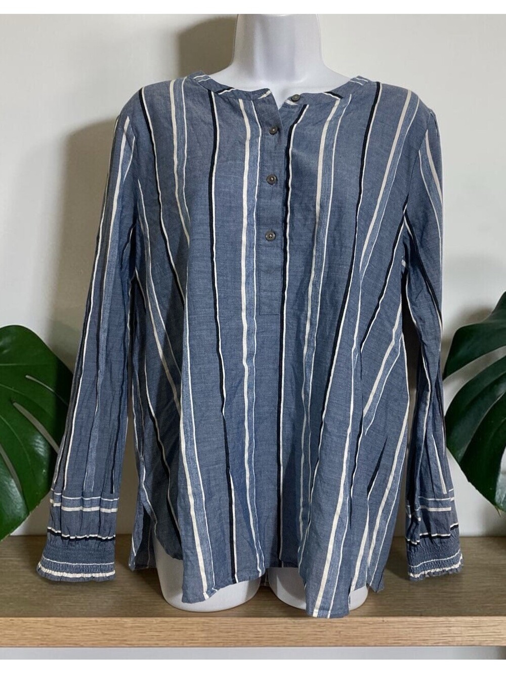 Women Loft Blue Striped Long Sleeve Pullover Cotton Top Sz M